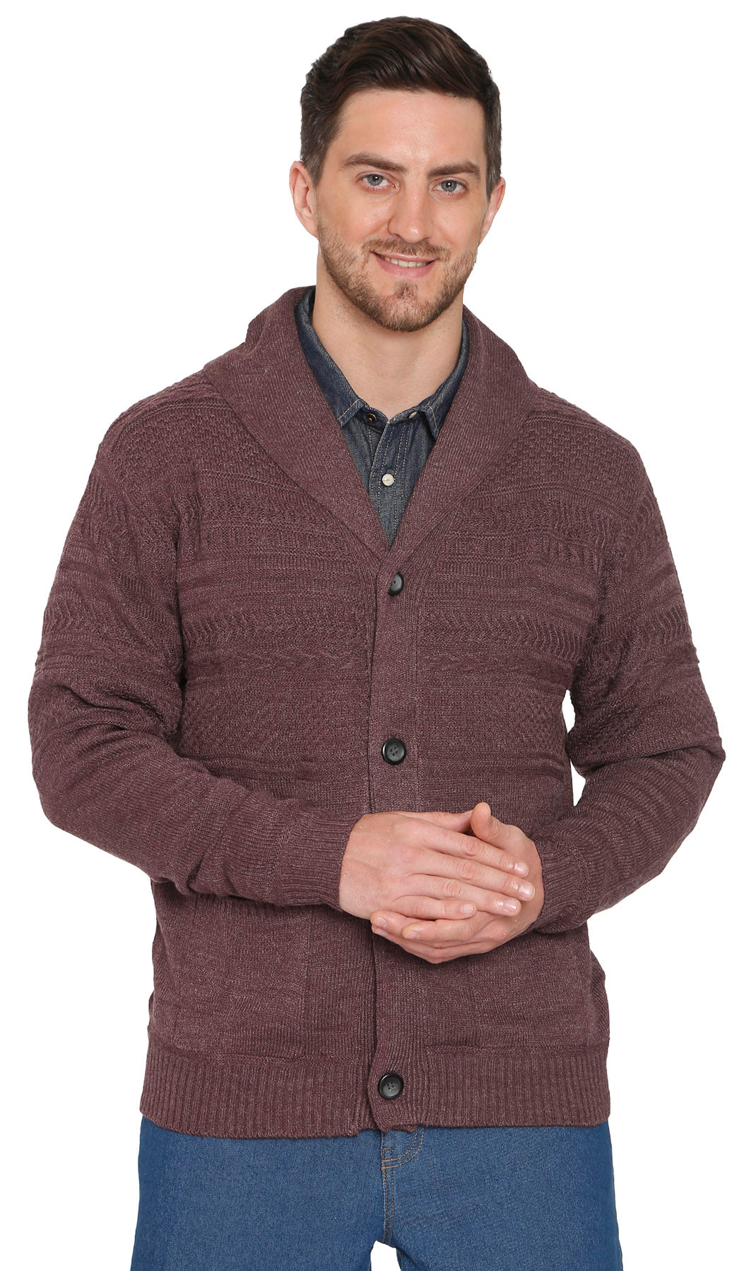 Men's Jacquard Knit Shawl Collar Cardigan Sweater in burgundy