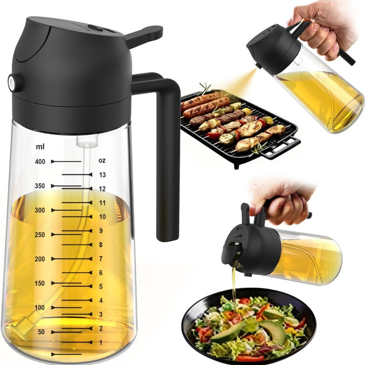 Glass olive oil dispenser with sprayer and pour spout