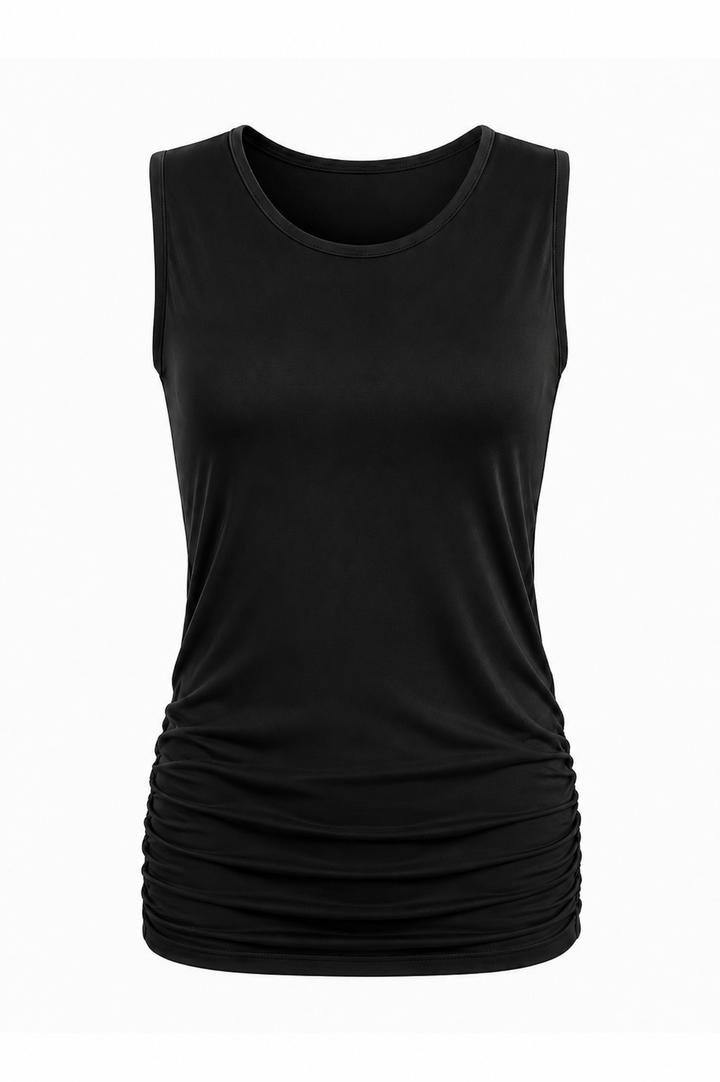 Cotton Lycra Ruche Tank - Black sleeveless top