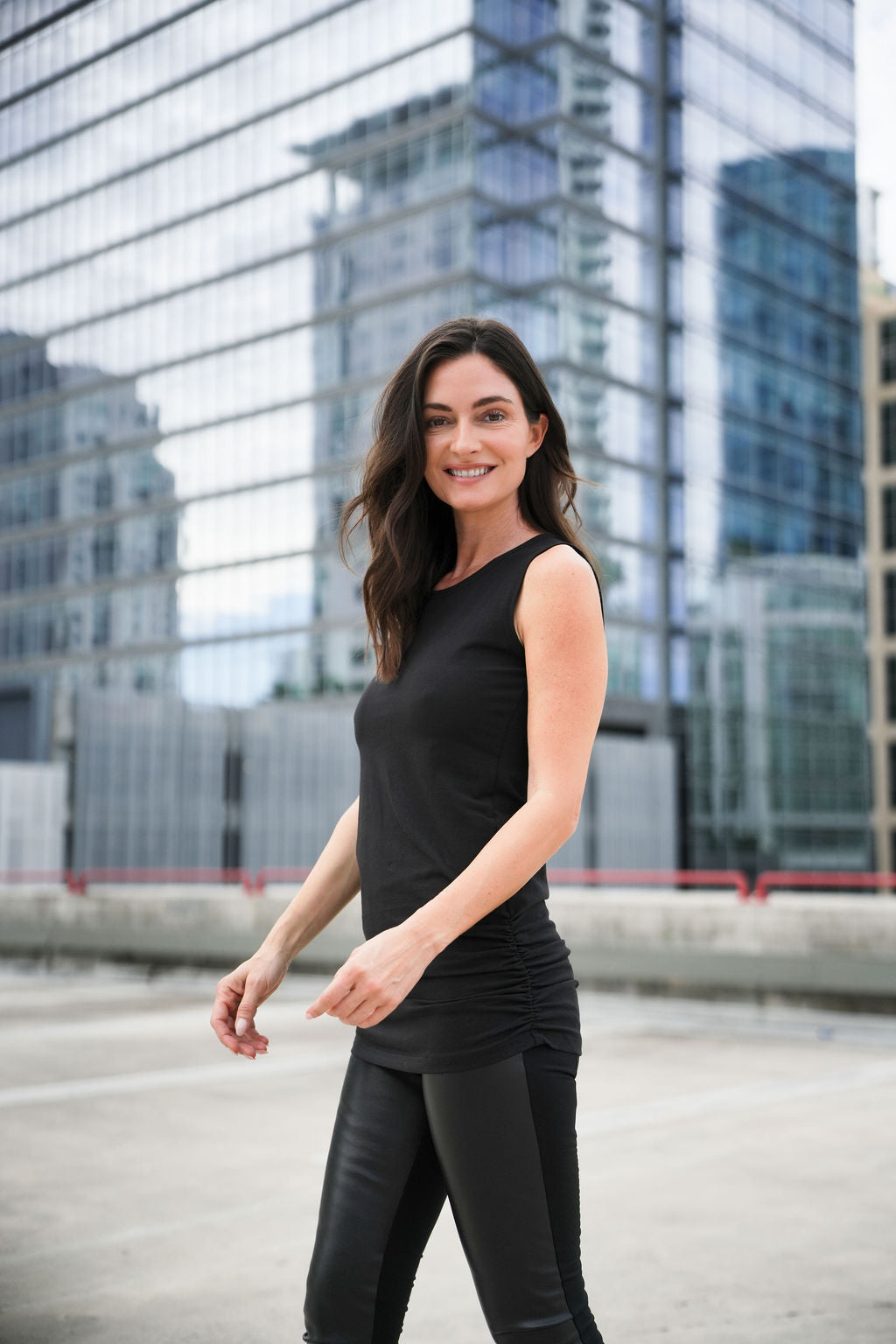 Cotton Lycra Ruche Tank - Black ruched detail