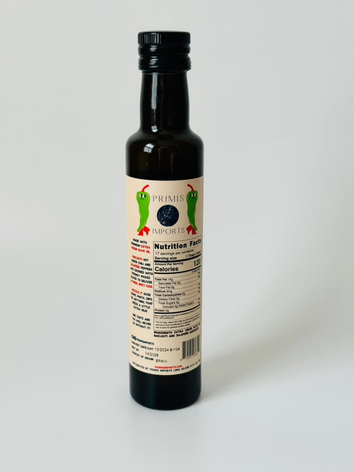 Spicy Green Chili Olive Oil ingredients and bottle