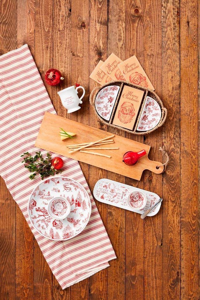 Christmas red toile chip and dip set with stoneware chip server and coordinating dip bowl
