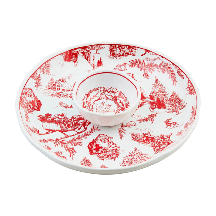 Christmas red toile chip and dip set with stoneware chip server and coordinating dip bowl