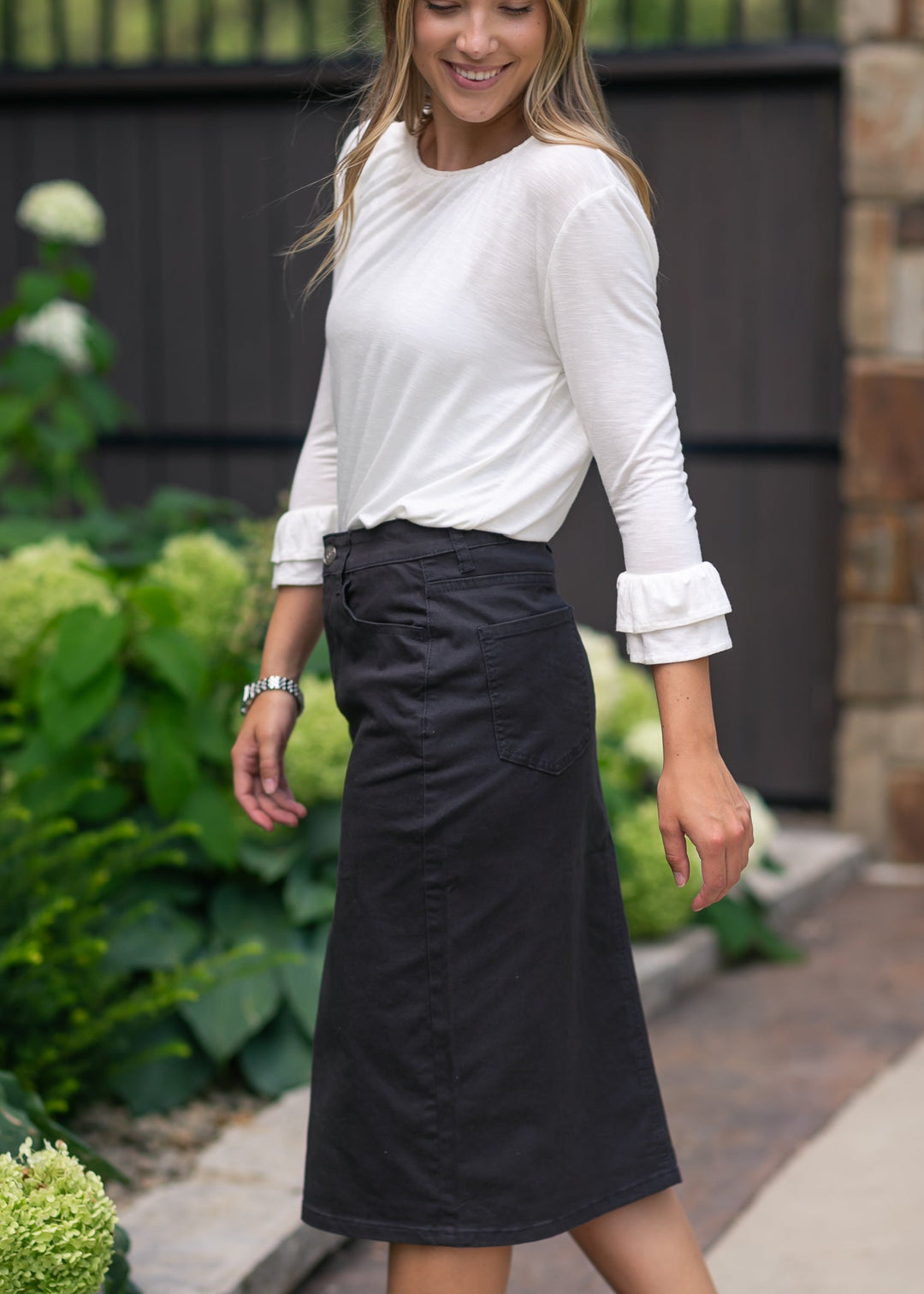 Remi Onyx Black Denim Midi Skirt detail view
