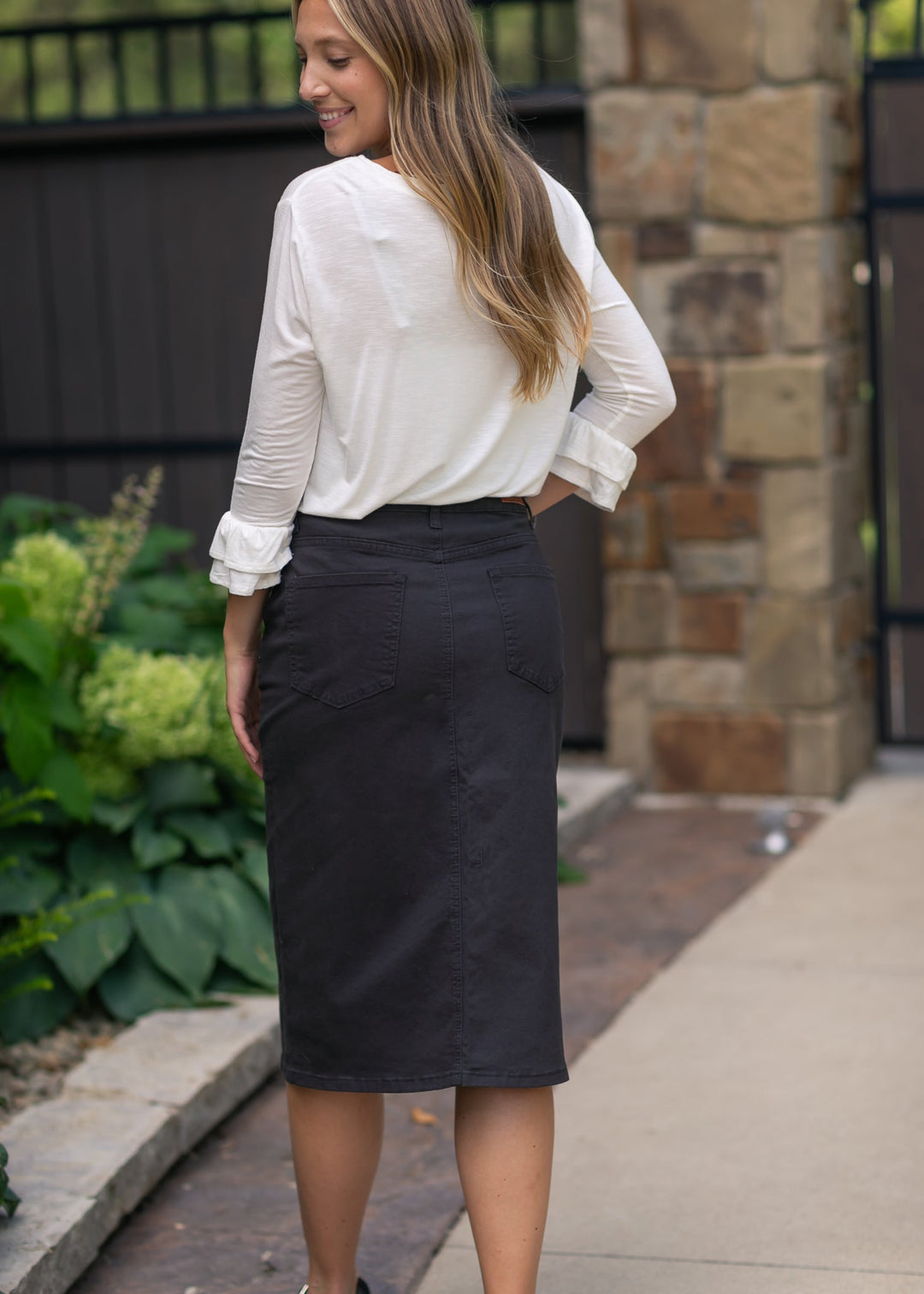 Remi Onyx Black Denim Midi Skirt detail view