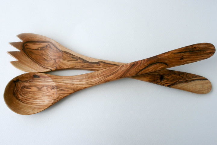 Olive wood salad servers hand-carved spoon and spork set, 12 inches long