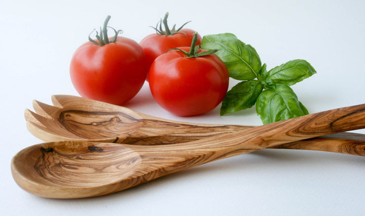Olive wood salad servers hand-carved spoon and spork set, 12 inches long