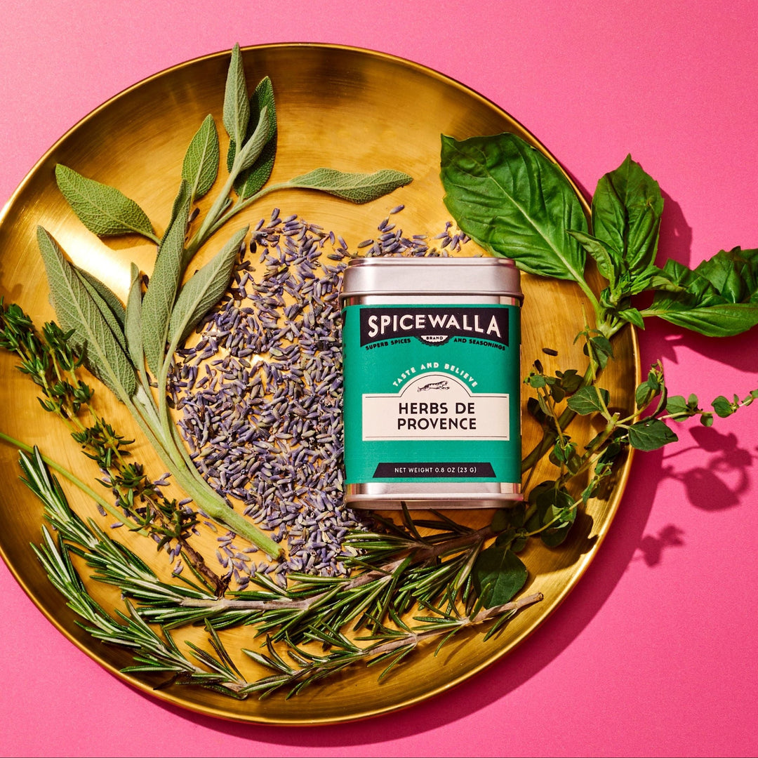 Herbs de Provence seasoning tin and product packaging