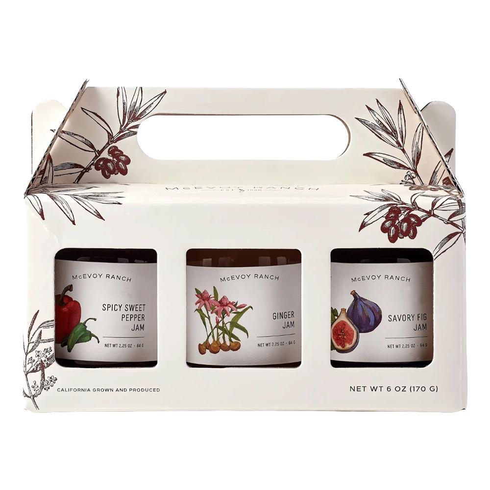 McEvoy Ranch jam gift pack three-count set packaging