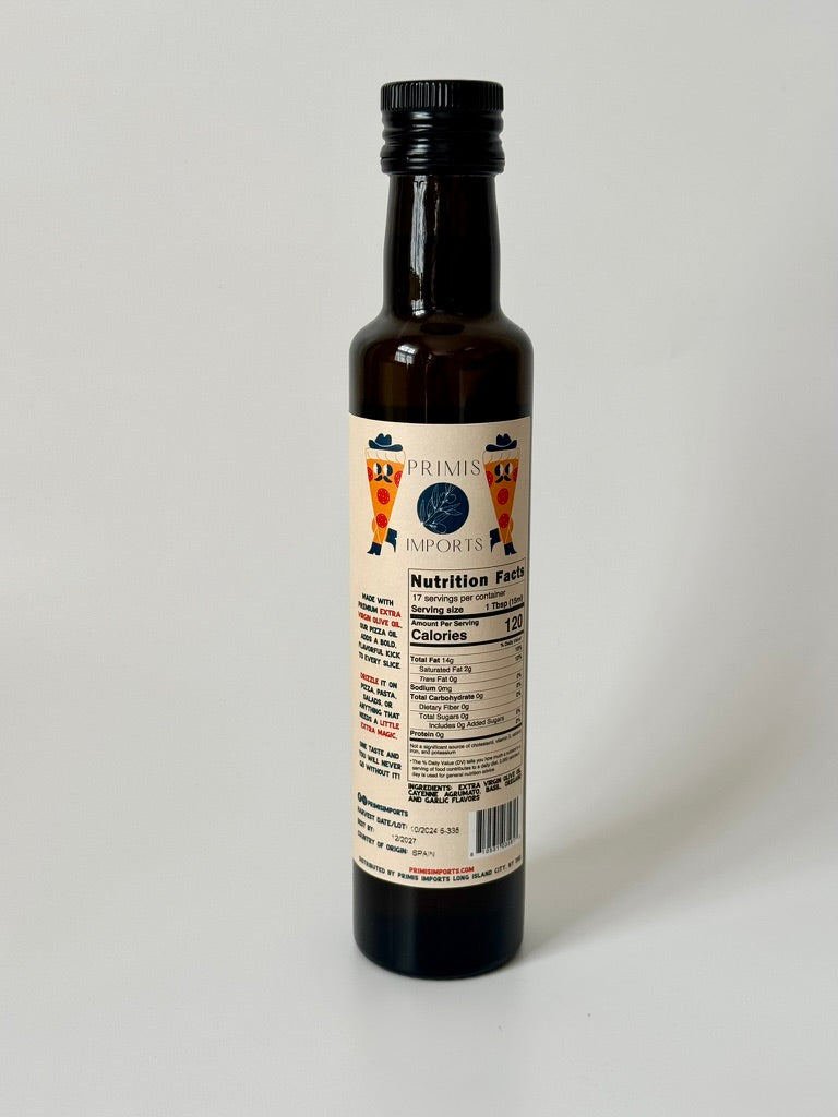 Pizza Oil Cayenne &amp; Herb Infused Olive Oil ingredients and bottle