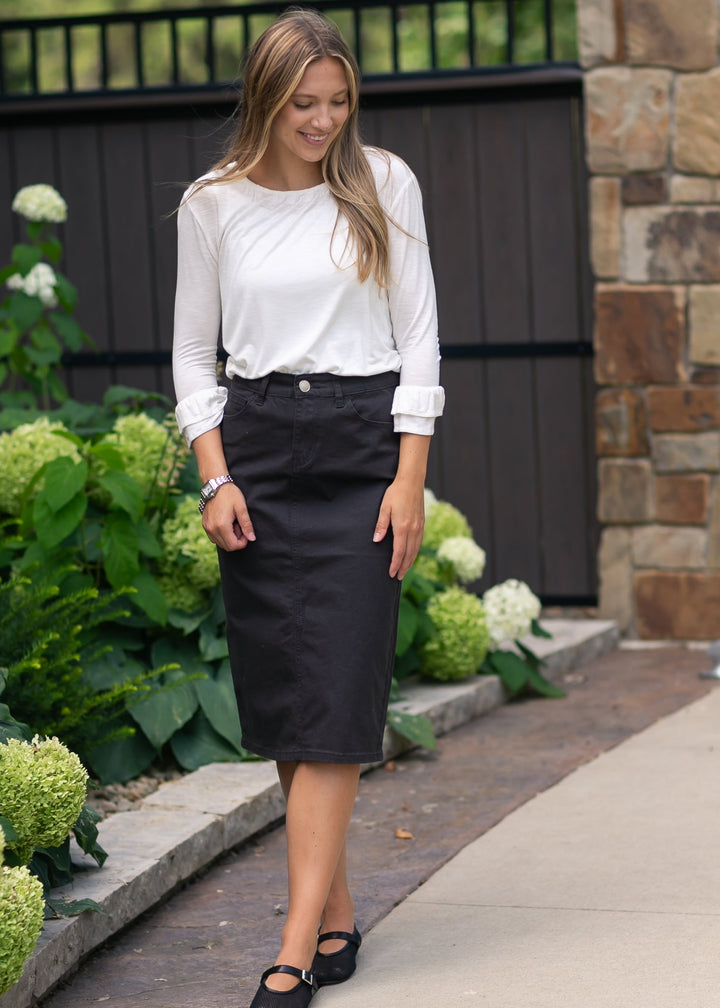 Remi Onyx Black Denim Midi Skirt detail view