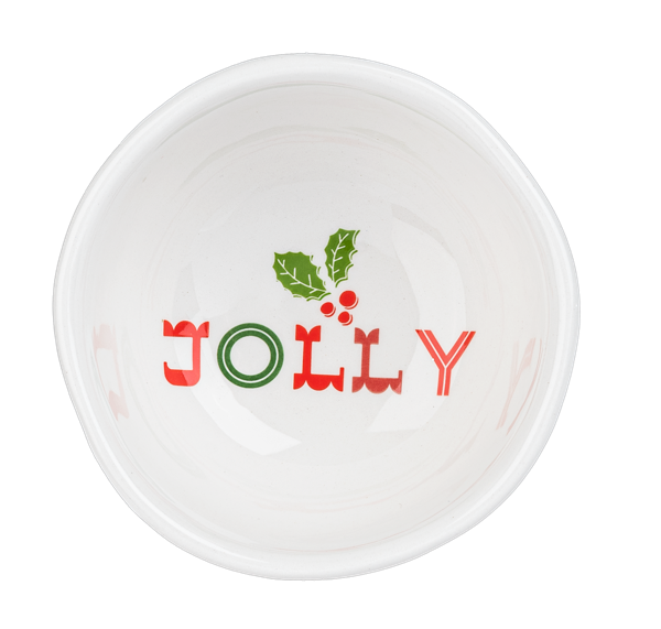 White ceramic holiday tidbit bowls in Jolly, Nice, Naughty, and Good designs