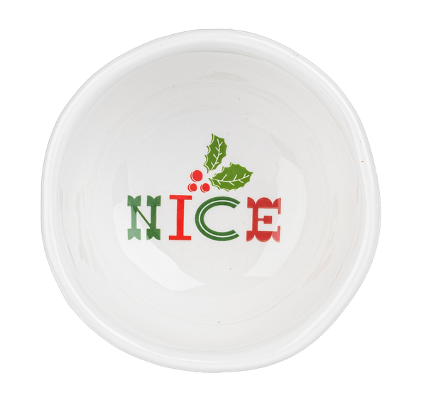 White ceramic holiday tidbit bowls in Jolly, Nice, Naughty, and Good designs