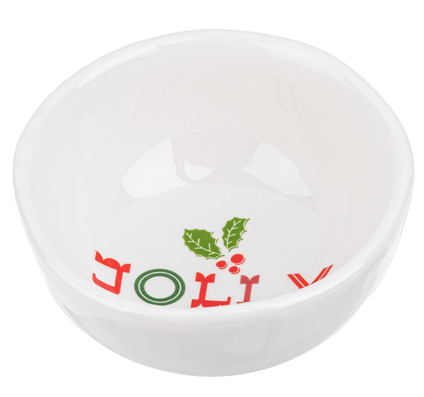 White ceramic holiday tidbit bowls in Jolly, Nice, Naughty, and Good designs