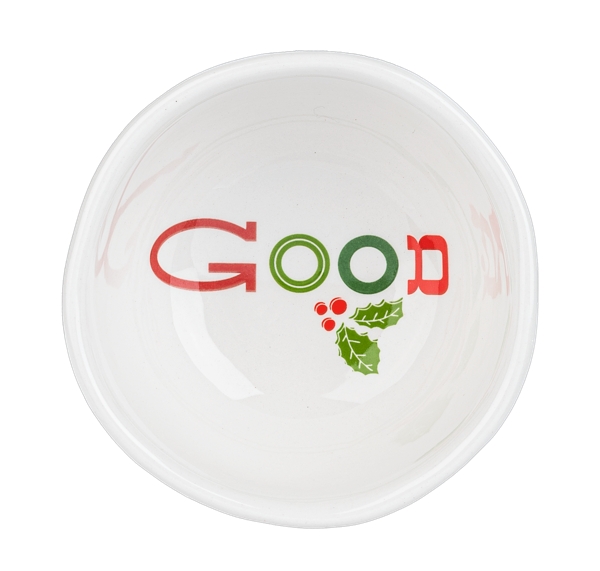 White ceramic holiday tidbit bowls in Jolly, Nice, Naughty, and Good designs