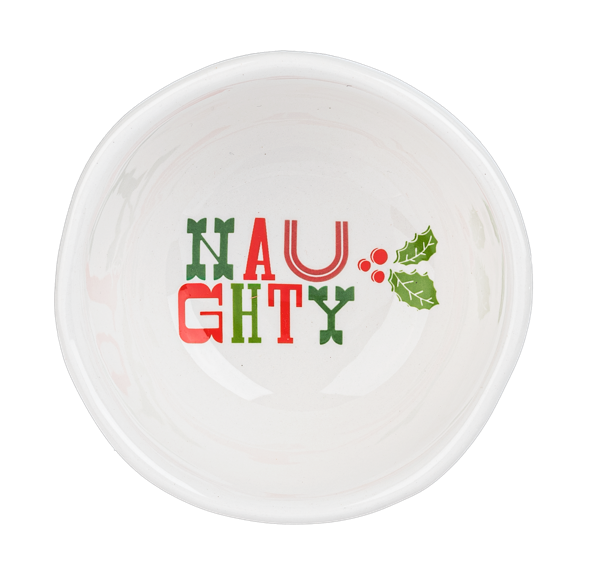 White ceramic holiday tidbit bowls in Jolly, Nice, Naughty, and Good designs