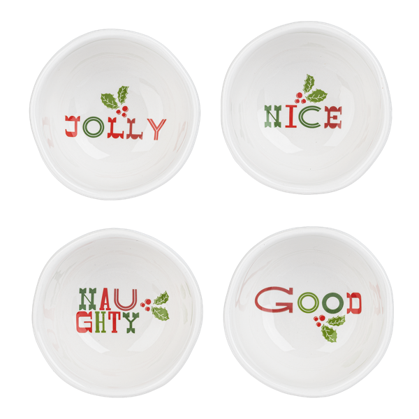 White ceramic holiday tidbit bowls in Jolly, Nice, Naughty, and Good designs