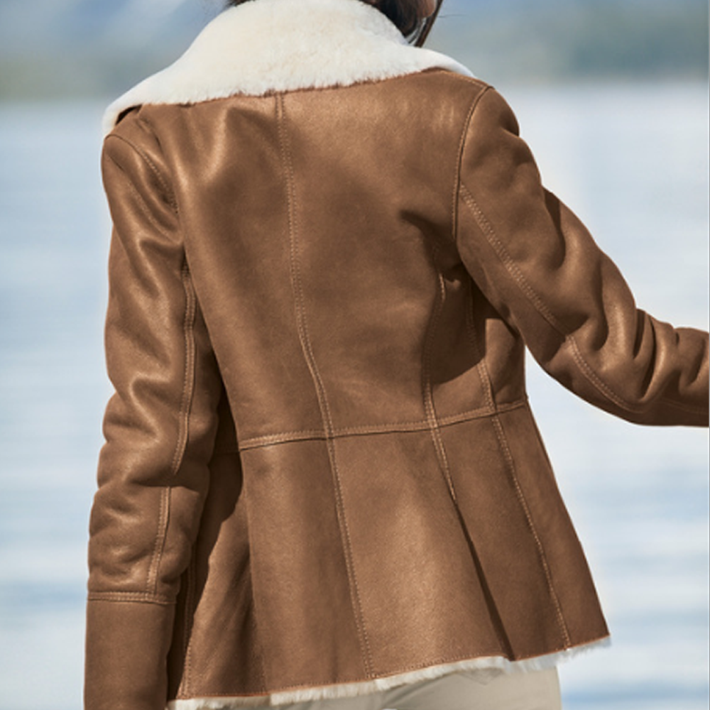 Women's Camel Brown B3 Shearling Pilot Leather Aviator Jacket back view